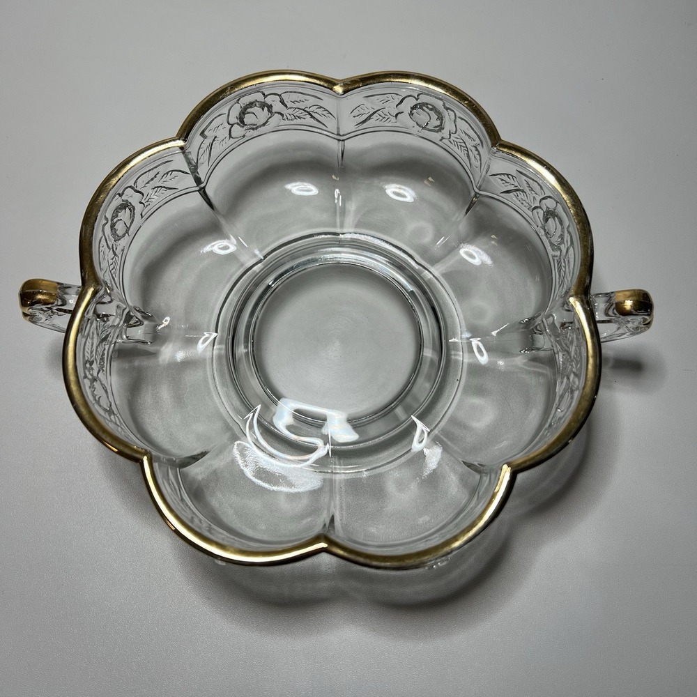 Vintage Jeanette Aztec‎ Rose Embossed Two Handled Gold Rim Bowl Dish